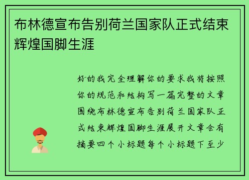 布林德宣布告别荷兰国家队正式结束辉煌国脚生涯 布林德宣布告别荷兰国家队正式结束辉煌国脚生涯