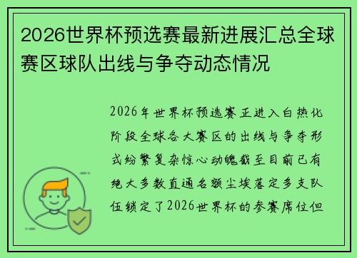 2026世界杯预选赛最新进展汇总全球赛区球队出线与争夺动态情况 2026世界杯预选赛最新进展汇总全球赛区球队出线与争夺动态情况